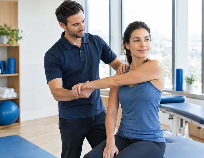 A physiotherapist guiding a patient through a shoulder stretch in a bright treatment room