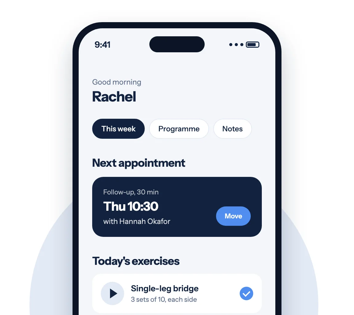 The Align Physio patient app showing this week's exercises and the next appointment